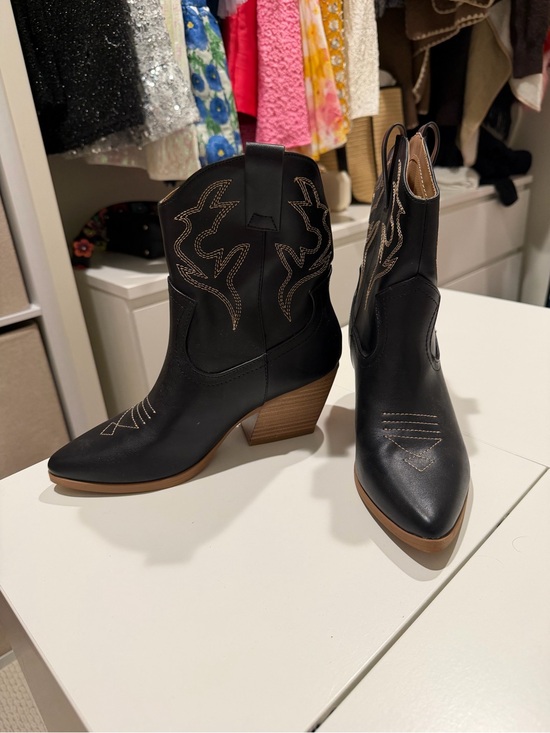 Soda Shoes - Soda Black Western Ankle Boots with Tan Stacked Heel